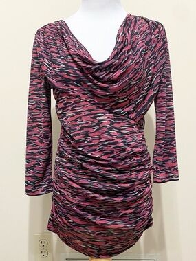 Etro Ruched Pink Printed Abstract Stripe Draped Neckline Top Blouse